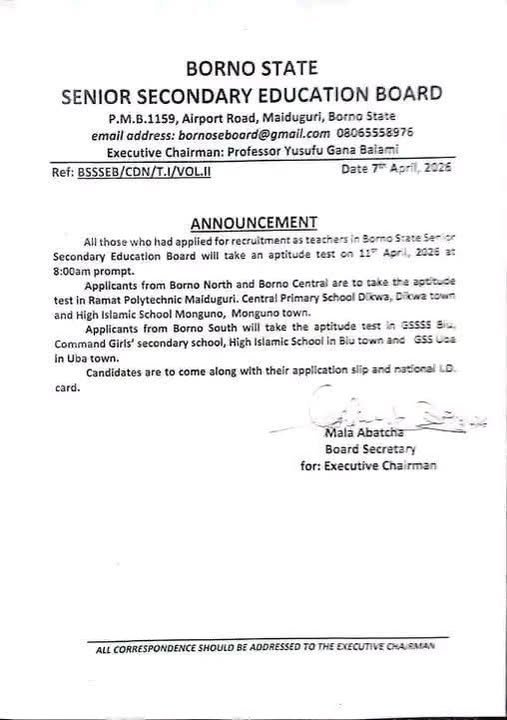 Borno State Teachers Recruitment Aptitude Test Date